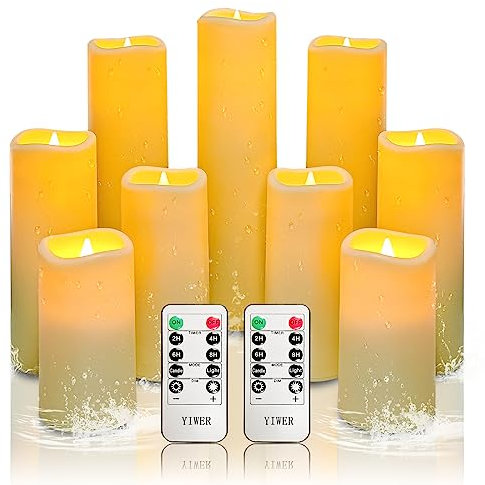 YIWER Waterproof led Flameless Candles Outdoor Indoor Battery Operated Flickering Candles with Remote Timers,Won't Melt,Ivory Plastic Set of 9 D2.2 x H4 5 6 7 8 9 for Party Decoration