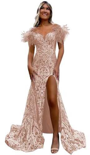 Robe de bal sirène à épaules dénudées avec fente scintillante à paillettes longues robes de bal de soirée, rose gold, 2