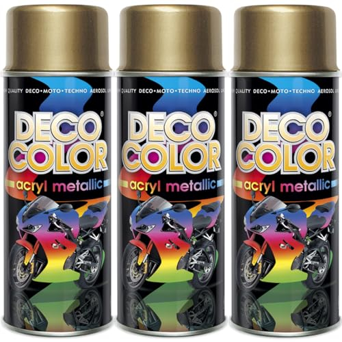 Deco Color 3er Sparpack Lackspray 400ml - Sprühlack mit Effekt für z.B. KFZ, Fahrrad uvm. (3 Dosen Lackspray Gold mit Metallic-Effekt)
