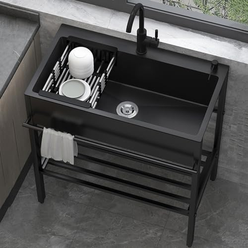 Lavandino in Acciaio Inox Professionale 1 Vasca,Lavello Nero Multifunzione Cucina,Lavatoio da Esterno Autoportante,Lavabo Commerciale con Rubinetto,per Interno Ristorante Caffè Garage ( Size : 80x45x8