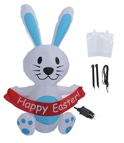 4FT Blauer Aufblasbarer Osterhase mit LED-Lichtern, 210T Polyester IP44 wasserdichte Aufblasbare Kaninchen-Hofdekoration, für Hausgarten-Rasen (EU-Stecker 220-240 V)