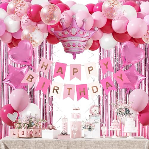 Geburtstagsdeko Rosa, Geburtstag Party Deko für Mädchen Frauen, Pink Luftballons Geburtstag Dekoration mit Happy Birthday Girlande, Fringe Curtain Geburtstag Hintergrund, Konfetti Ballons