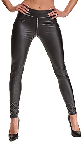 DQ Schwarze Damen Leggings Hose aus Wetlook Material elastisch mit durchgehendem Reißverschluss und Gesäßtaschen XXL