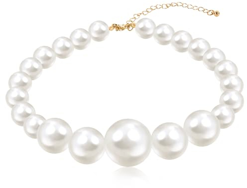 Weiße Perlenkette Damen, Imitation Perle Halskette Damen Vintage Halskette Schmuck Perlen Kette Kurze Runde Perlen Choker Kette Große, Weiße Perlen Halsketten Verstellbare für Frauen und Mädchen