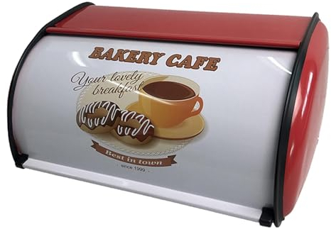 Baoblaze Metal Bread Bin Box Vintage Bread Storage Containers with Roll up Lid Bread Roll Holder Retro Iron Roll Top Bread Bin for Kitchen Countertop Cake Buns Toasts Loaves, Red
