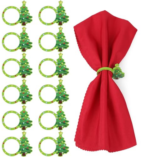 MWOOT 12 Stück Weihnachten Serviettenringe, Weihnachtsbaum Serviettenringe Holz für Weihnachten Hochzeit Urlaub Abendessen Party Bankett Tischdekoration, Napkin Ring Tischdeko