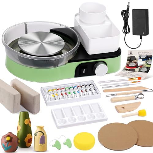 Töpferscheibe für Erwachsene – Komplettes Töpferwerkzeug-Set für Anfänger, 15,2 cm Drehteller, Zwei-Wege-Rotation, einstellbare Geschwindigkeit, 1 kg, lufttrocknender Ton, Mini-Töpferscheibe mit