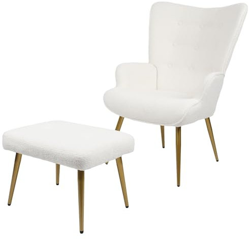 EIFSON Fauteuil Scandinave à Oreilles avec Repose Pieds, Fauteuil de Relaxation Moderne pour Le Salon, en Tissu Bouclette, Blanc