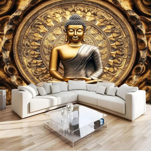 Vlies Fototapete Fotografie Goldener Buddha - Foto Tapete Schlafzimmer Wohnzimmer Moderne Vliestapete 350 x 256 cm Wandtapete Motivtapeten Bildtapete 3D Effekt Wand Dekoration