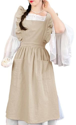FESEAQ Delantal De Cocina para Mujer, Delantal Vintage Ajustable, Espalda Cruzada con Bolsillos para Cocinar, Hornear, Pintar,One Size,Beige