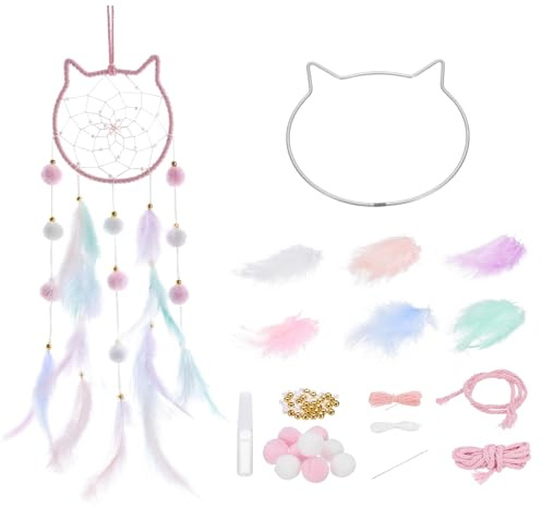 PATIKIL DIY Traumfänger, Katze Macht Traumfänger Zubehör Handgemachter Traumfänger Kit Feder Pompom Perlen für Wandanhänger Dekor Handwerk, Pink