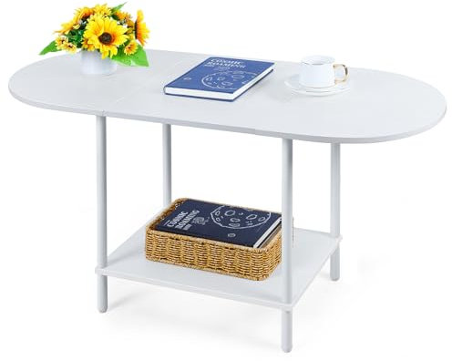 CADUKE Couchtisch, Höhenverstellbarer Wohnzimmertisch mit Stauraum, Ovaler Couchtisch aus Holz mit abgerundeten Ecken, Tisch für Wohnzimmer und Büro, 90x40x47cm, Weiß