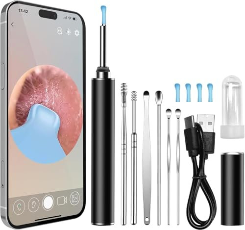 Ear Wax Removal Kit Camera, Ear Camera and Wax Remover with 1296P HD, Otoscope with Lights and 6 Ear Spoons, Ear Wax Removal Tool for iPhone, iPad, Android (CT09)