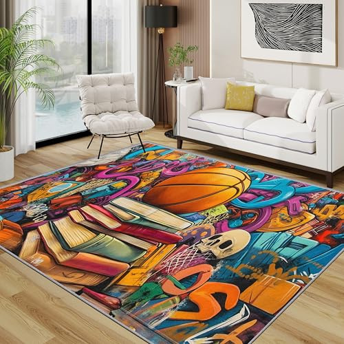 TerroVee Graffiti Teppich 140x200 cm, Bunt Jugendliche Basketball Buch Teppich Wohnzimmer, Stree Pop Art Kurzflor rutschfest Pflegeleicht Teppiche Für Jugendzimmer Schlafzimmer, Orange Blau