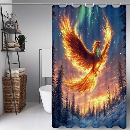 Rot Duschvorhang, Duschvorhang Phönix Duschrollo 160x200, HD Druck Wasserdicht Waschbar Shower Curtains mit ösen und 12 Duschringen Polyester Textil Shower Curtain für Badezimmer Deko, Bad -ly250727M
