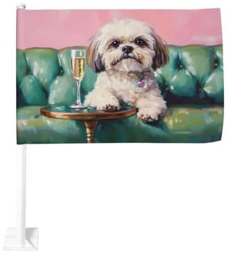Shih Tzu Hund auf grünem Leder Sofa Autofahne Outdoor Fenster Clip 30 x 45 cm doppelseitige Auto-Dekoration