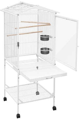 Papageienkäfig, Vogelkäfig Groß mit 4 Rollen Bodenschubfach, Futterklappe, Vogelkäfig mit Ständer für Wohnung und Balkon, 46x46x136cm, Weiß