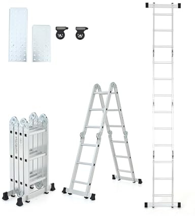 7-in-1 Multi-Purpose Ladder, Aluminium Combination StepLadder with 2 Metal Plates and 12 Steps, 150 kg Capacity, Silver