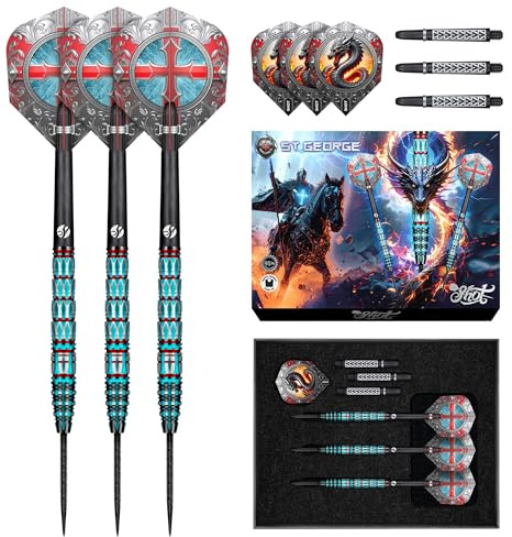 Shot! Future Knights St George Dart-Set mit Stahlspitze, 95 % Wolfram, handgefertigt, professionelles Dart-Set und Flights, hergestellt in Neuseeland, Stahlspitzen-Dartpfeile für Borsten-Dartscheibe