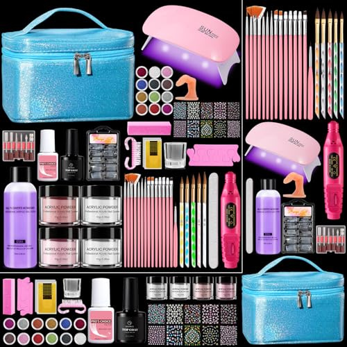 Yokilly Acrylic Nail Kit for Beginners with Everything in Blue Storage Bag | 4 Colors Acrylic Powder Starter Kits with Drill, UV Lamp, Liquid Monomer, Brushes & Stickers For Women Salon Home DIY Gift