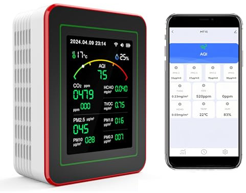 Medidor de Calidad del Aire Interior 15 en 1 con App - 2 Chips Sensores Precisos de CO2,PM2.5/PM10,HCHO,TVOC | Alertas en Tiempo Real y Análisis para la Salud | Fácil Lectura,Ideal para Hogar,Oficina
