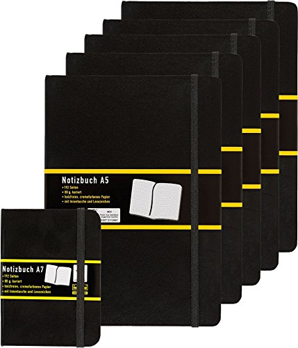 5er Pack Idena 209281 - Notizbuch DIN A5, 192 Seiten, 80 g/m², kariert, schwarz Bonus Bundle inkl. 1x Notizbuch A7 kariert