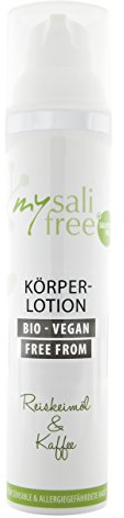 mysalifree BIO KÖRPERLOTION, beruhigende, straffende Body Lotion für sensible Haut mit Reiskeimöl + Kaffeeextrakt, 100ml, weltweit einzigartig, BIO + VEGAN + FREE FROM
