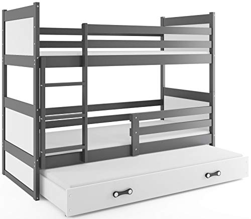 Interbeds Etagenbett Hochbett RICO 3 (für drei Kinder) 90x200cm Farbe: Grau + 2. Farbe zur Wahl; Kinderbett mit Lattenroste und Matratzen (WEIß)