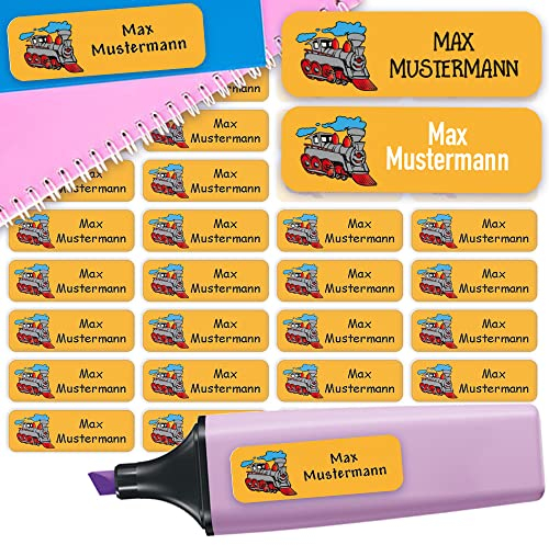 Sunnywall® Namensaufkleber Kinder Schule Dampflok Aufkleber Namensetiketten | 60 Stück Klebeetiketten zum Beschriften 4,8x1,6cm Kita Schulanfang | wasserfest