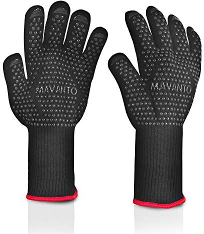 MAVANTO® Gants Barbecue Anti Chaleur jusqu'à 500 degrés - SPECIALEMENT Long - Gants de Cuisine Professionnels avec Protection de l'avant-Bras (L/XL, Noir)