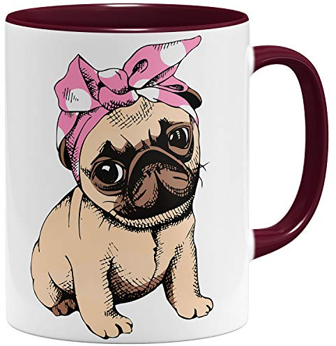 OM3® - süßer Mops Pug - Tasse | Keramik Becher | 11oz 325ml | Beidseitig Bedruckt | Bordeaux