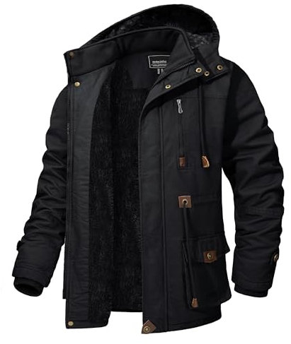 KEFITEVD Veste Thermique Polaire Homme Manteaux Coupe-Vent À Capuche Cargo Army Veste De Travail Avec Multi Poches Noir, S