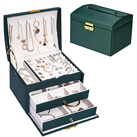 Podazz Schmuckkästchen, PU-Leder Schmuckkästchen Damen 3 Ebenen, Abschließbarer Reise-Schmuckkästchen mit Handhaben für Mädchen Frauen Ringe Armbänder Ohrringe Halsketten Lagerung (Grün)
