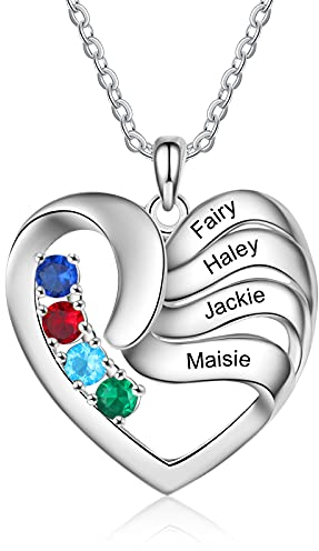 ALBERTBAND Personalisierte Mutter Name Herz Halskette 2/3/4/5 Simulierte Birthstones 925 Sterling Silber Mutter Kind Halskette für Ehefrau Mutter (4 Steine)
