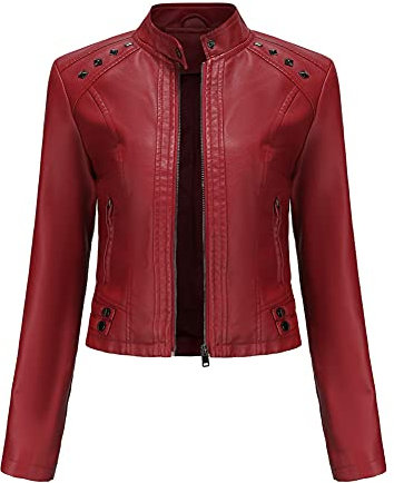 YYNUDA Giacca in pelle con borchie corte da donna, tinta unita e maniche lunghe, stile Moto Biker,Rosso,L