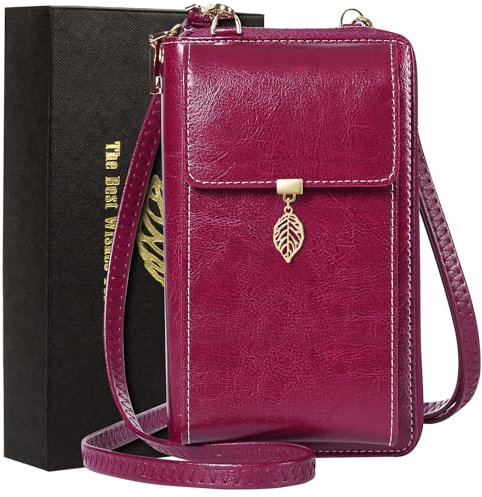 ENONEO Borsa a Tracolla per Cellulare Portafoglio Donna Vera Pelle con 12 Slot per Carte e Tanti Scomparti Borsa Porta Cellulare Tracolla Piccola con Portamonete Cerniera e Cinghia a Mano (Viola)
