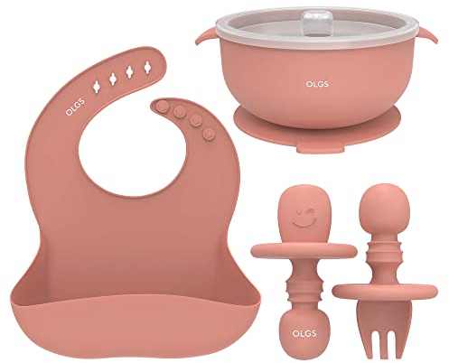 OLGS Silikon Kindergeschirr 3er Set für Baby & Kind | Kinder Geschirr, Lätzchen, Schüssel mit Saugnapf | Kinderbesteck, Löffel Gabel STARTER BPA Frei | Rutschfest | Geschirrset ab 6 Monate (Muted)
