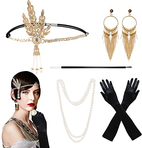 Kitimi 20er Jahre Kostüm Accessoires Damen, 5 Stück Gatsby Accessoires Damen, 1920er Accessoires 20er Jahre Haarschmuck, Lange Handschuhe, Halsketten und Ohrringe, Karneval Kostüm Damen Accessoires