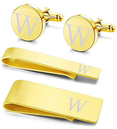 Morfetto 4 Stück Edelstahl Manschettenknöpfe Krawattennadel Geldscheinklammer Set Initialen A-Z mit Geschenkbox für Trauzeuge Bräutigam Hochzeitsgeschäft Gold-W