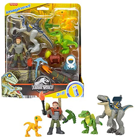 Fisher-Price Imaginext Jurassic World Dinosaurier Spielzeug, Track & Trail Dino Pack mit Owen Grady und Blau für Vorschulspiel, 12 Stück, HND46