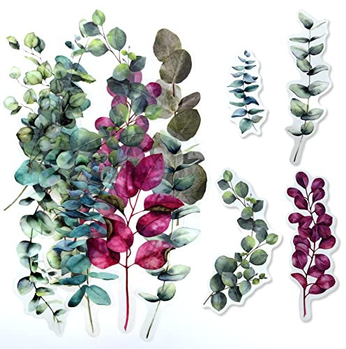 ExceLife Large Size Flower Plants Scrapbook Stickers, Self-Adhesive Vintage Plants Leaves PET Transparent Stickers DIY Crafts for Laptops Card Making Junk Bullet Journal Planner, Eucalyptus