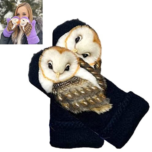 LOVEWLVNCL Handgestrickte nordische Fäustlinge mit Eulen – handgewebte nordische Eulen-Handschuhe aus Wolle, niedliche Winter-warm gefütterte, gemütliche Strick-Fäustlinge for Frauen (Color : #A)