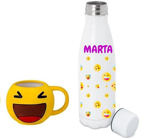 PERSONALIZABLE | Set Taza Emoji y Botella Aluminio 700 ML Personalizable | Regalo Original | Personaliza la Botella con el Nombre que quieras (SONRISA CAFÉ)