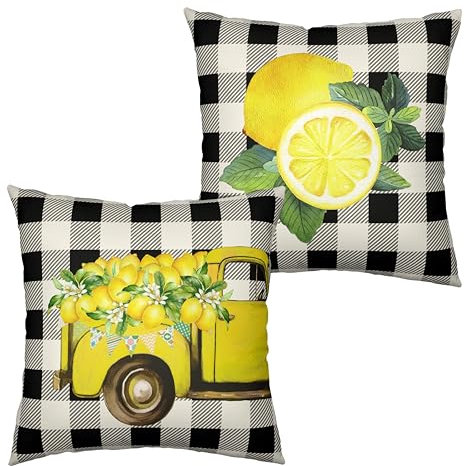 Kwlegh Set di 2 federe per cuscini estivi, motivo camion giallo con fiori di limone giallo, 45,7 x 45,7 cm, per soggiorno, casa colonica, patio, auto