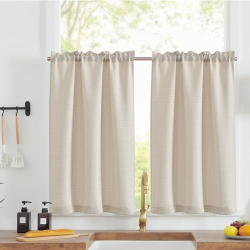 TOPICK Cortina para Cocina con Bolsillo para Varilla Beige Modernas de Cocina Cortas Semitransparentes con Aspecto de Lino Rústico para Ventana de Comedor Juego de 2 Unidades 70 x 90 cm