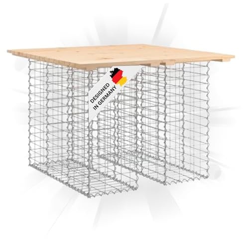 DELUKE Gartenbank Gabionen TELLE aus Stahl | 100x102x72cm Kiefernholz Natur, 30cm Gabionenbreite | Gabionenbank Gartentisch aus Gabionen Steinkorb Gabionengitter Ziergabione Drahtkorb befüllbar