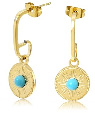 Made by Nami Edelstahl Ohrringe Gold hängend mit Sonnen Anhänger und türkisem Stein Boho Schmuck Damen Wasserfest (Sonne)