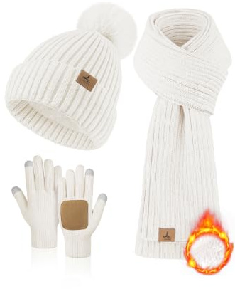 LOROME Damen Winter Beanie Mütze Schal Handschuhe Set Fleece Strick Pompon Mütze Warm Halstuch Touchscreen Handschuhe Winter Geschenk