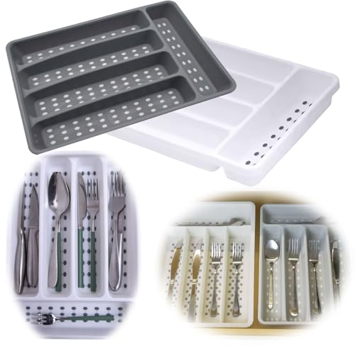 LS-LebenStil Schubladeneinsatz Besteckkasten 32x23cm Weiß Non Slip Kunststoff Besteckbox Organizer Schubladentrenner Küche Utensilienhalter für Küchen-Schubladen Küchenorganizer Anti-Rutsch