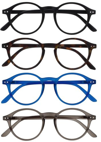 OPULIZE REY Lunettes de Lecture - Lot de 4 - Montures Rondes Rétro - Noir, Marron, Bleu, Gris - Hommes Femmes - Charnières à Ressort - RRRR56-1237 - +2.50
